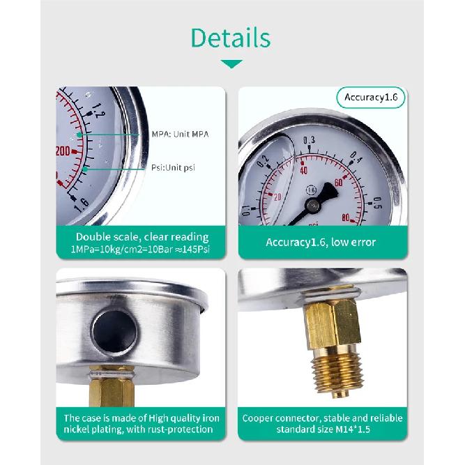 Axial Oil Pressure Gauge vacuum Hydraulic Liquid Filled Oil 60mm Analog shock-proof YTN-60Z 0-0.1MPA 0-10MPA