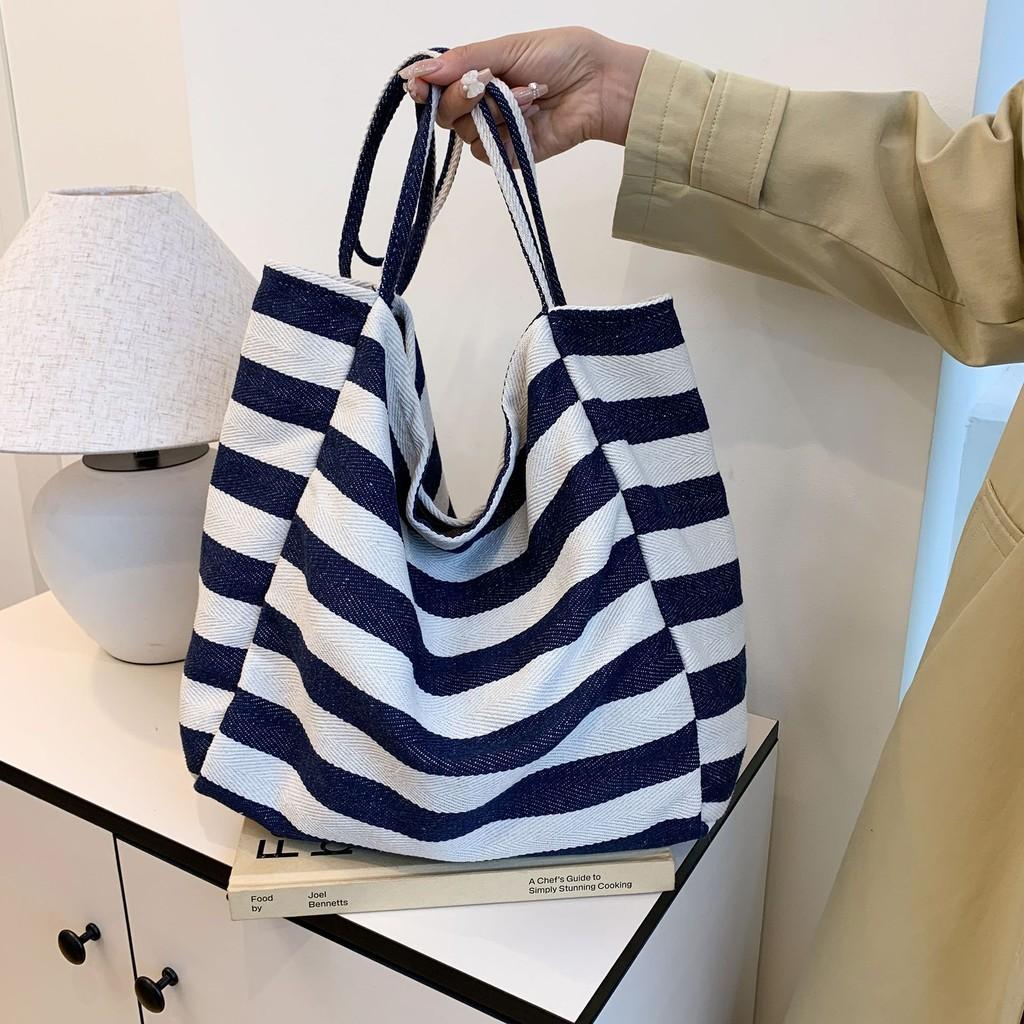 Stylish Colorful Striped Canvas Tote Bag For Women Large Size For Daily Use