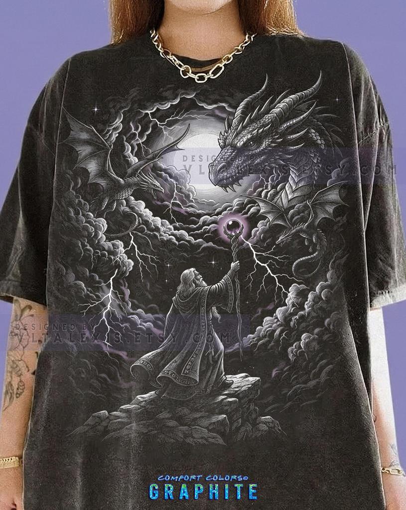 Wizard Dragon Dark Fantasy Sorcerer Magic Staff Comfort Colors® Tshirt, Epic Battle Gothic Mythical Creature Lightning Vintage Bootleg,