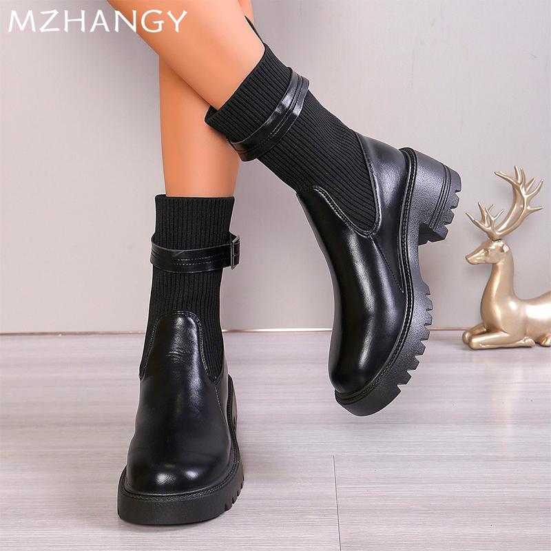 Модные женские кожаные ботинки челси на платформе, трикотажные ботинки средней длины, женские зимние ботинки 2024 года, новые женские ботинки