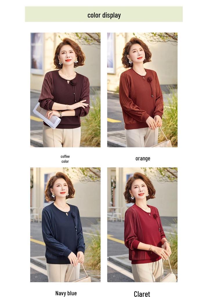 2026 Spring/Autumn Long-Sleeve Knit Top for Middle-Aged Women, Round Neck, Stylish, Age-Reducing, Elegant Base Layer