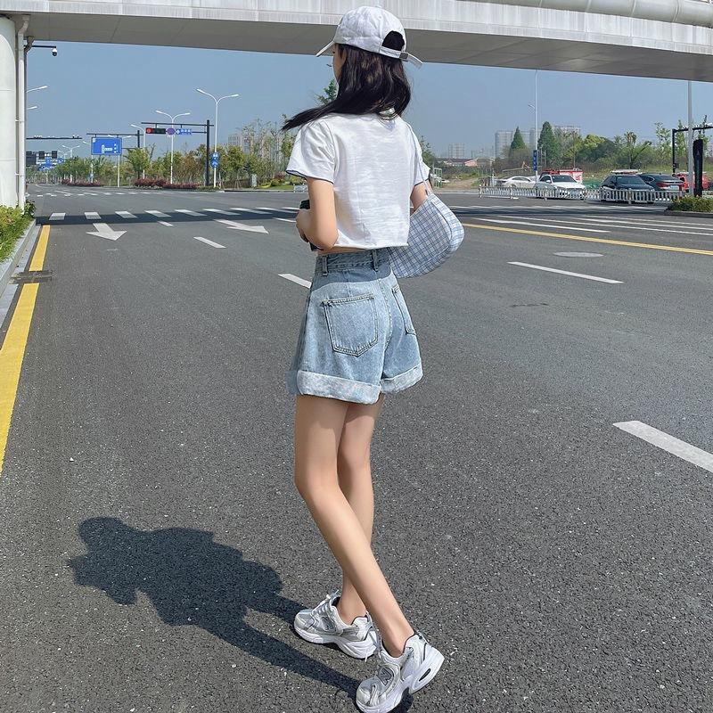 Классические и минималистичные модные универсальные женские летние шорты с завышенной талией, тонкие, большого размера, свободные, A Word, джинсовые шорты, индивидуальность и модность