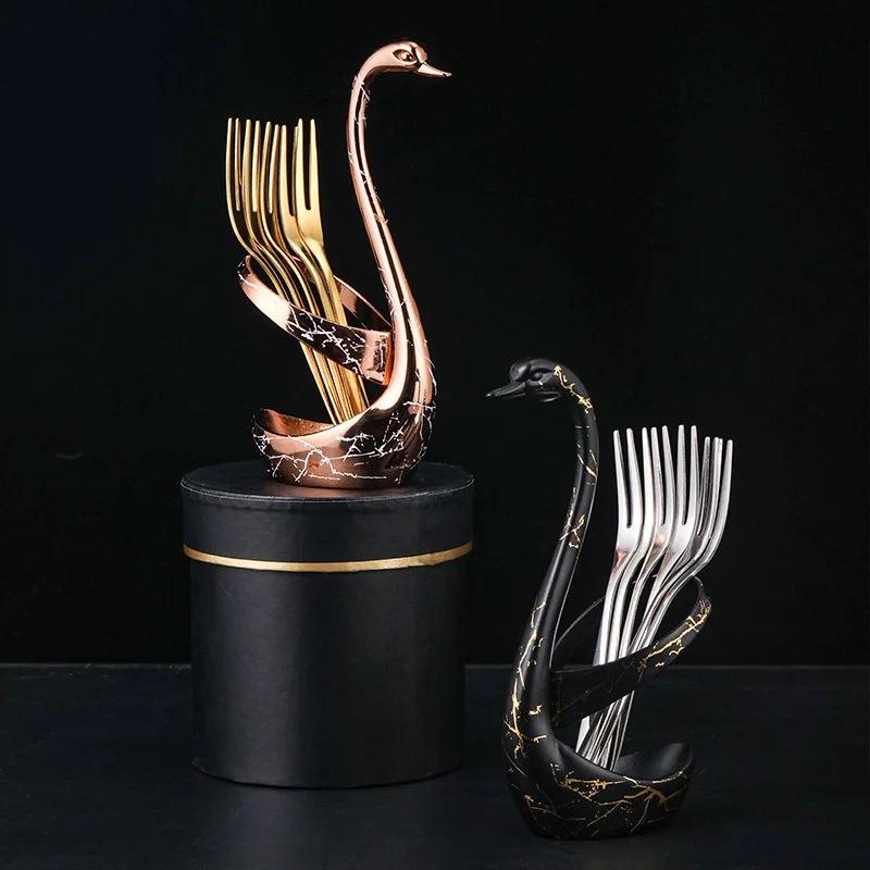 304 Stainless Steel Swan Dinnerware Set Gold Fruit Dessert Cutlery Set for Swan Base Holder Silver Leaf Forks Portable Teaspoon