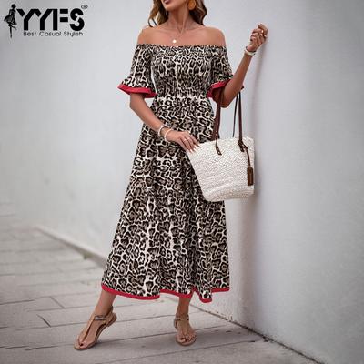 Женская мода лето весна леопардовый принт с коротким рукавом на одно плечо и высокой талией повседневные платья
