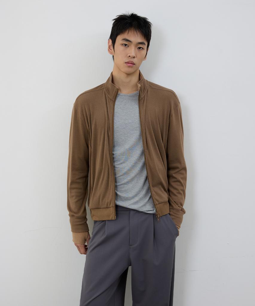 MICHIKO LONDON SPORTS Soft Jersey Layered High-Neck Zip-Up Khaki Brown