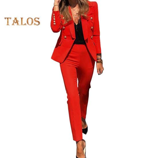 2 шт./комплект женский деловой пиджак брюки комплект с длинными рукавами декорированный пуговицами лацкан кардиган средней длины пиджак прямые брюки с высокой талией формальный деловой