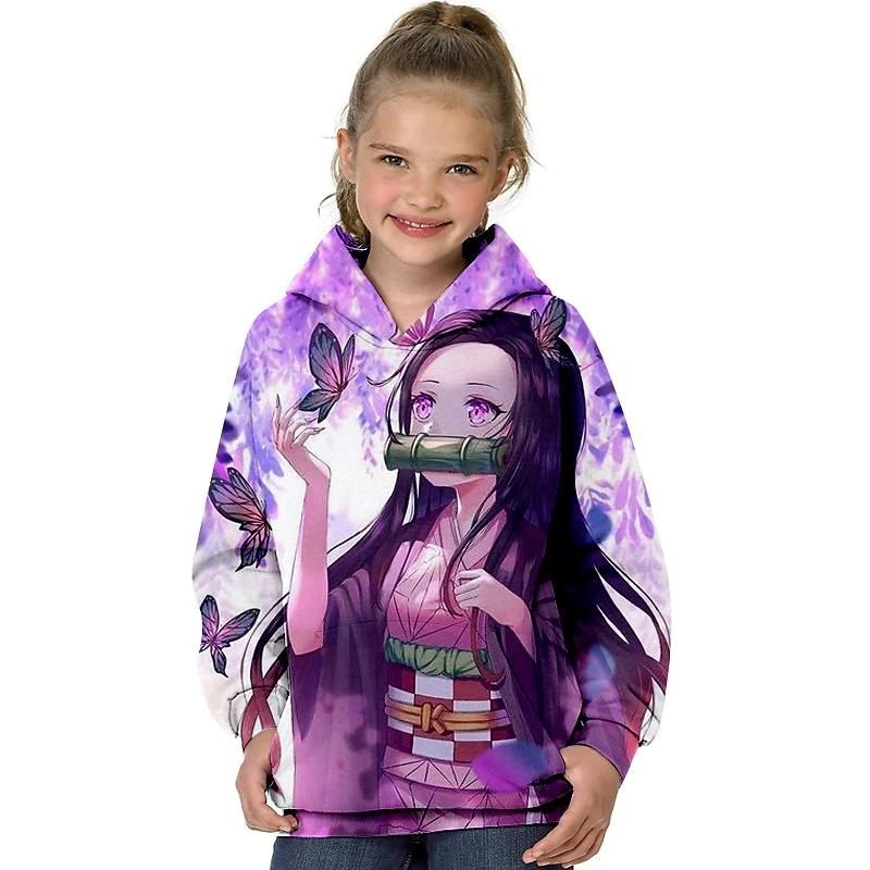 Детская толстовка с капюшоном для девочек Demon Slayer с длинными рукавами и 3D принтом аниме с карманами, зеленый, фиолетовый, розовый, детские топы, осенне-весенняя модная уличная одежда