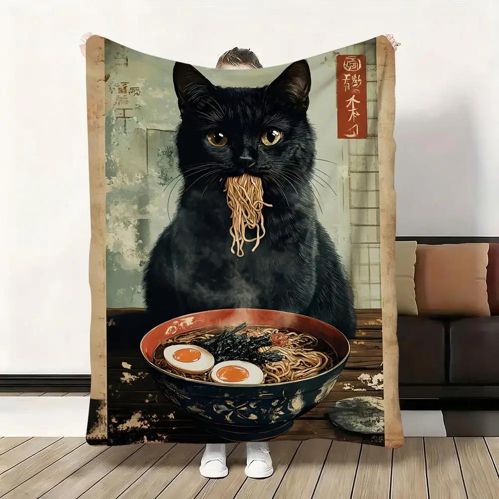 Black Cat Ramen Soft Flannel Blanket Oversized Warm SkinFriendly Throw for Sofa Bed Office Travel Winter Comfort
