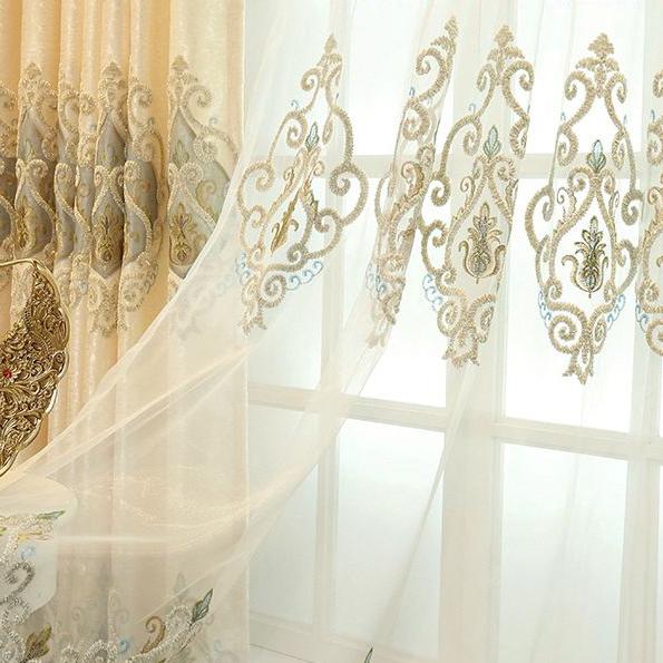 2 шт., великолепная законченная вышитая занавеска в европейском стиле для спальни, гостиной, затемняющая напольная занавеска с крючком и оконной марлей