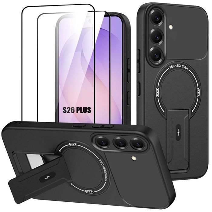 Coque pour Samsung Galaxy S26 Plus, avec Support et Cercle Magnétique - Noir - 2 Verres Trempés
