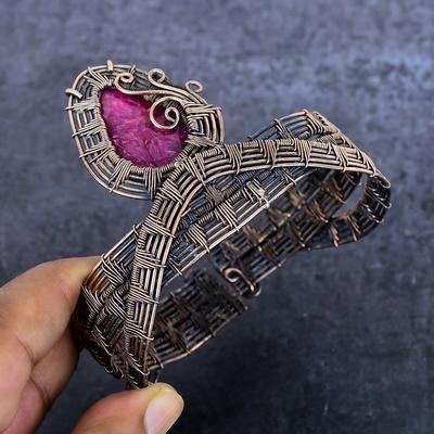 Натуральный Рубин(Смоделированный) Браслет-манжета из медной проволоки Gesmtone, регулируемый, R0g19