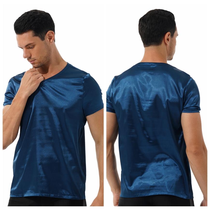 Мужская свободная пижама с коротким рукавом, атласная пижама, футболка, однотонная одежда для отдыха