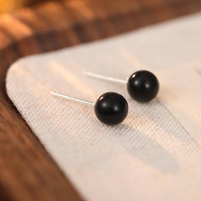Серебряные корейские серьги с черным агатом для женщин - простые, элегантные, универсальные, небольшие эффектные украшения