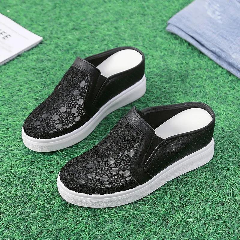 Модные вышитые цветочные тапочки женские криперы наружные сетчатые мюли сандалии на платформе дышащие закрытые шлепанцы шлепанцы