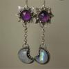 Vintage Round Purple Stone Flower Earrings Originality Copper Color Carving Moon Stickers Dangle Earrings for Women