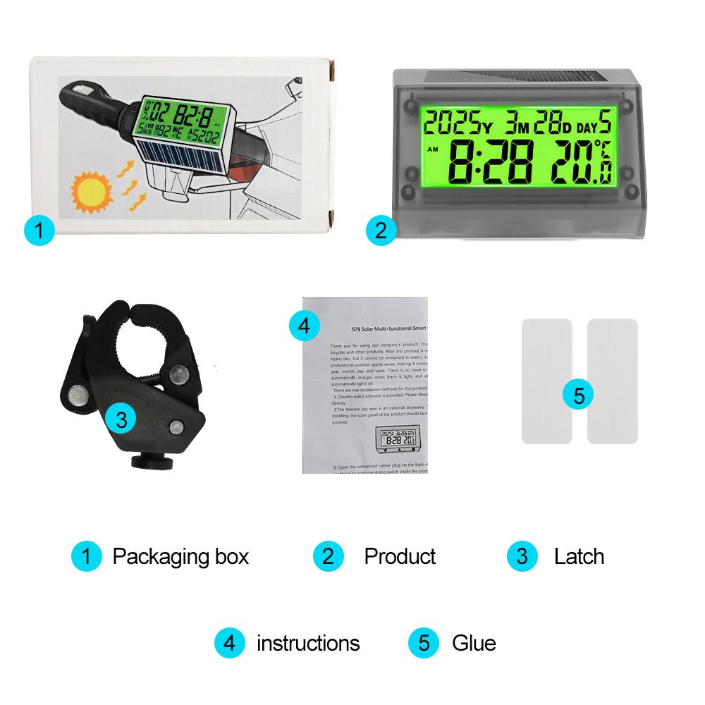 Солнечная энергия Мотоцикл Цифровые часы Дата Температура ЖК-дисплей с подсветкой для мотоцикла Велосипед Водонепроницаемые часы Термометр