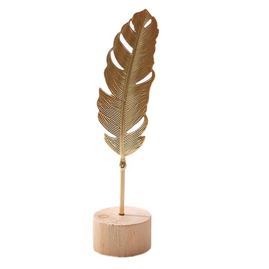Golden Ginkgo Leaf Decoration with Wood Base Metal Feather Leaves Snowflake Figurine Statue Sculpture Home Office Living