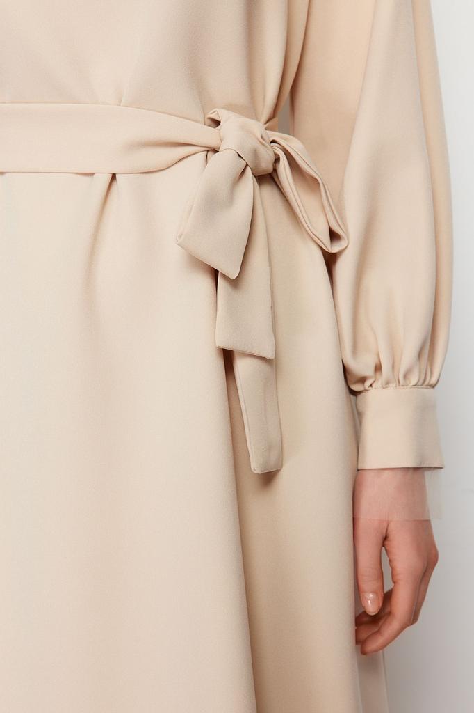 Women's Fashion Ecru High Collar Sash Detailed Woven Dress