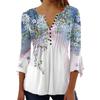 Women Summer Casual T-shirt V-neck Buttons Neckline 3/4 Sleeve Tops Pleated Floral Print Slim Fit Tee Shirt Streetwear