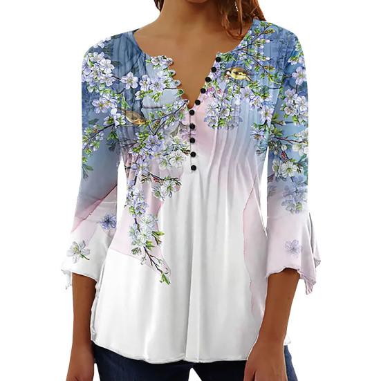 Women Summer Casual T-shirt V-neck Buttons Neckline 3/4 Sleeve Tops Pleated Floral Print Slim Fit Tee Shirt Streetwear