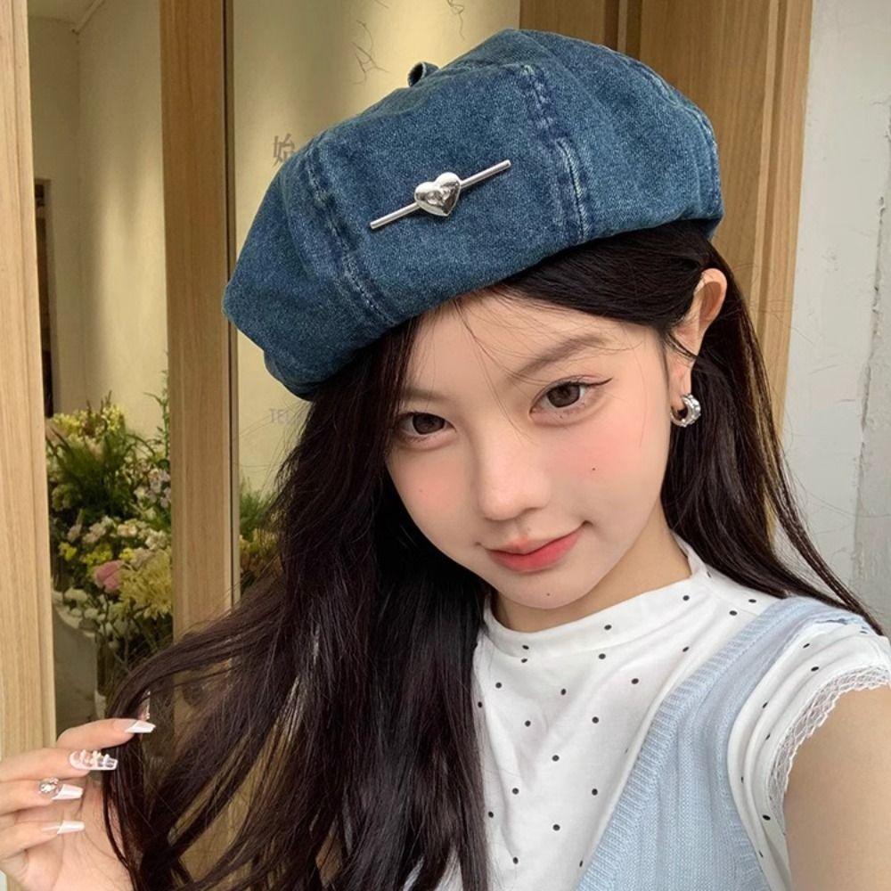 Korean Style Cowboy Beret Cap Solid Color Painter Hat Retro Love Heart Beret Girl