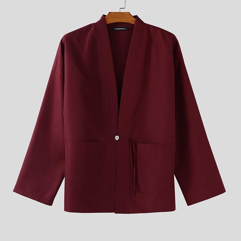 INCERUN Мужской повседневный свободный кардиган на одной пуговице, тонкий кимоно-топ