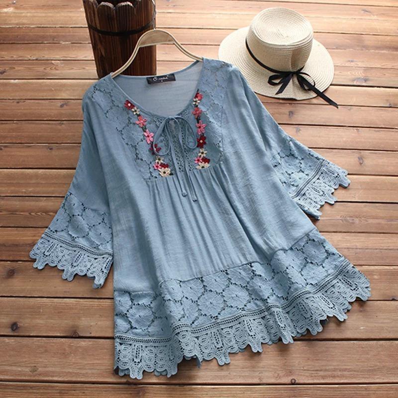Summer Women's Lace T-shirt Floral Mini Dress Cotton Five-point Sleeve V-neck Loose Casual Bohemian Style T-shirt Top