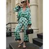 Geometric Print Retro Women's Pajamas Set Autumn Oversized Long Shirt High Waist Wide Leg Pants Women's Suit