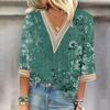 Женская рубашка, блузка, повседневные свободные рубашки, рукава 3/4, кружевные топы с v-образным вырезом и принтом, топы с принтом, футболки, футболки