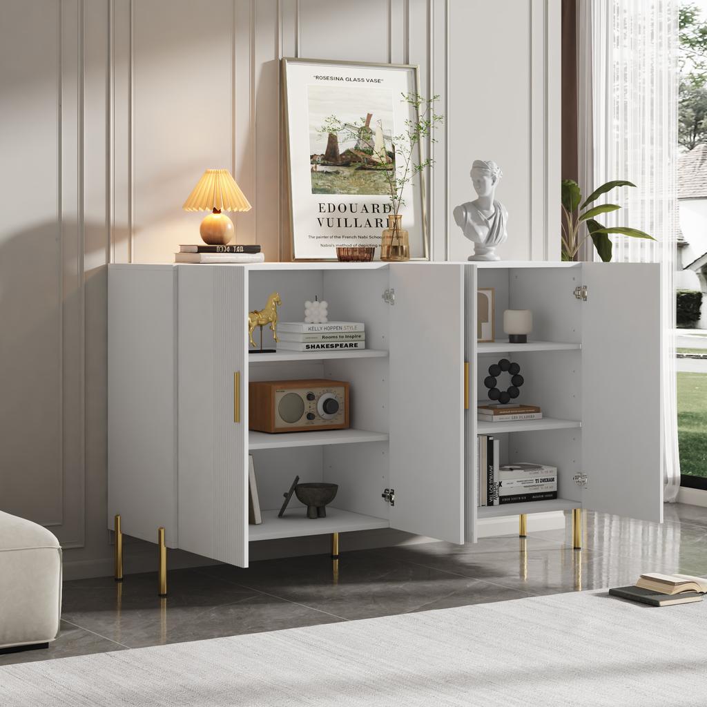 Modern Simple White Matte Multifunctional Storage Cabinet 4 Open and Closed Doors Dining Room Cabinet Gold Decoration 160*35*100cm