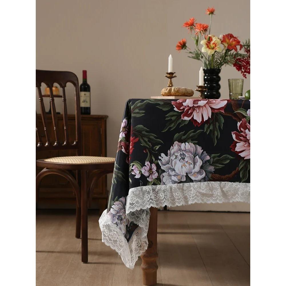 Черная скатерть с цветочным и птичьим узором, американский стиль, белое кружево, покрытие для столешницы, водонепроницаемая, противоскользящая, износостойкая скатерть
