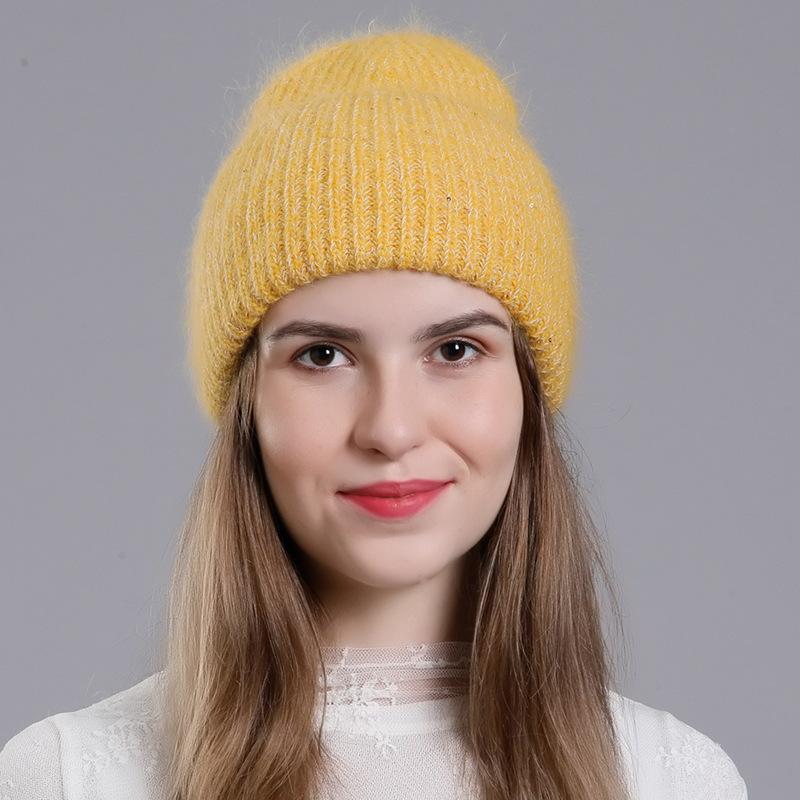 Женская зимняя теплая вязаная шерстяная универсальная шапка-пуловер с высокими фланцами и блестками из кроличьей шерсти