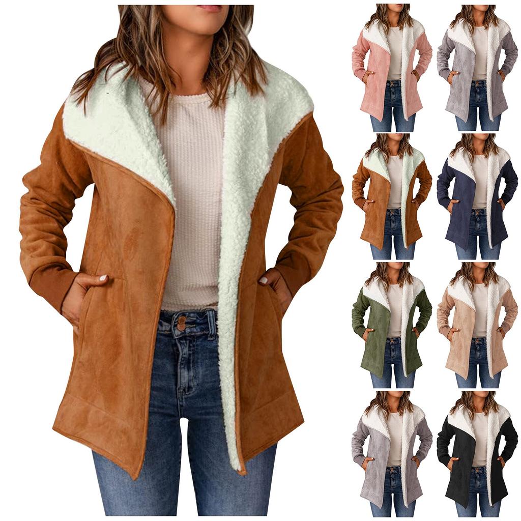 Women's Casual Solid Color Loose Plush Large Lapel Jacket With Pockets