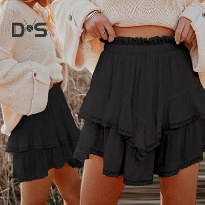 Мини-юбка с ажурным узором крючком, высокая талия, двухслойный оборчатый подол, короткая юбка, однотонная юбка-торт