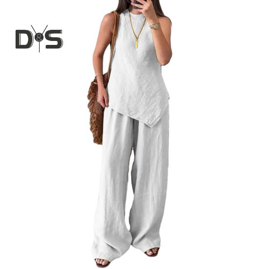 Женский комплект из двух предметов с неровным подолом, безрукавка, топ с круглым вырезом, широкие брюки, летний повседневный спортивный костюм