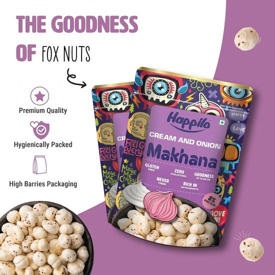 Happilo Premium Super Snack Makhana Cream & Onion 60 г, жареный фокс, полезный перекус, низкокалорийный, без глютена и веганский