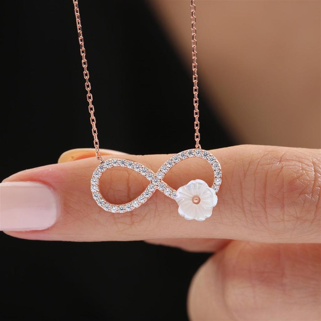 Infinity Adventure Rose Color Flowers Silver Necklace