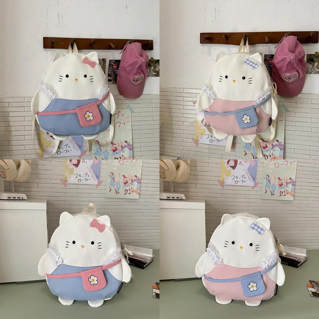 Cat Cartoon Embroidered Backpack For Girls Large Capacity Nylon School Bag With Zipper Closure For Daily Use