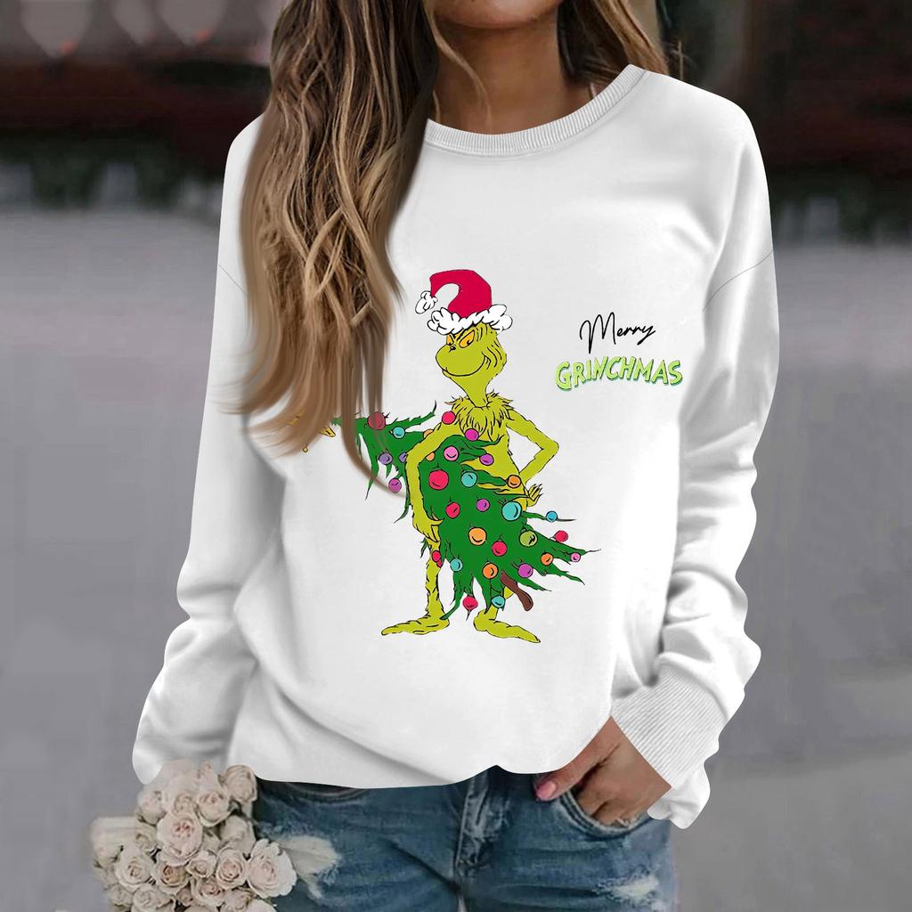 Women's Fashion Casual Long Sleeve Solid Color Christmas Printed Round Neck Top Sweatshirt