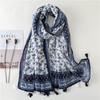 Blue & White Floral Ethnic Gauze Scarf - Women's Autumn/Winter Silk, Cotton & Linen Wrap