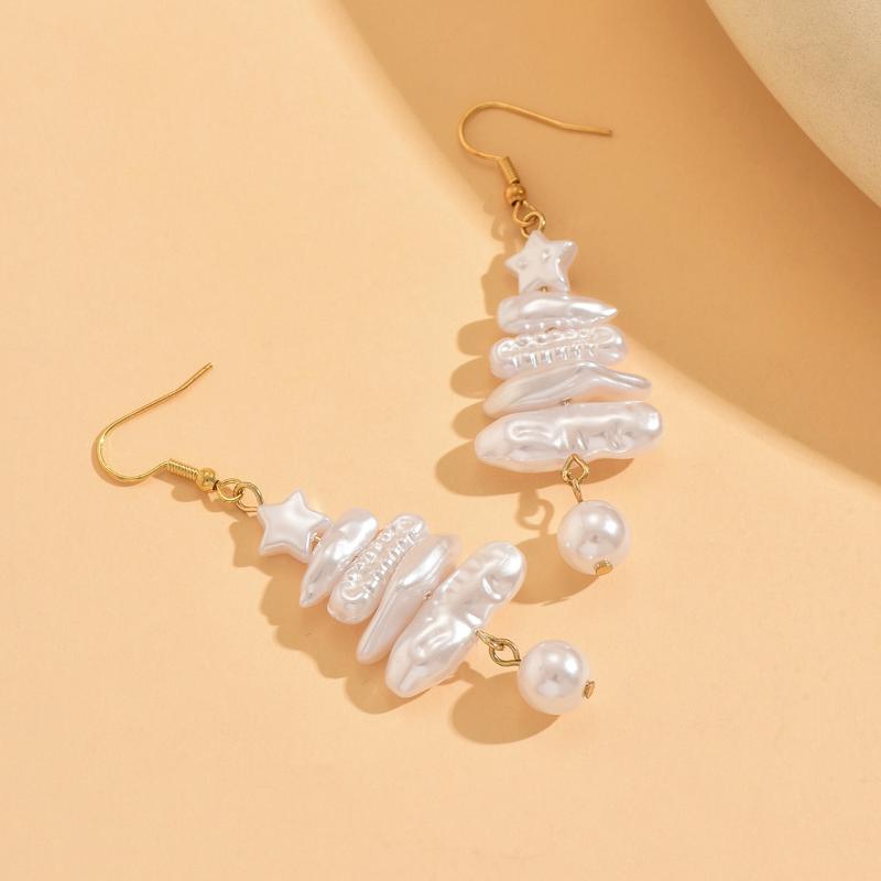 Christmas Baroque Irregular Imitation Pearl Stacked Star Tree Drop Earrings Xmas Tree Earring For Women Holiday Jewelry Gift