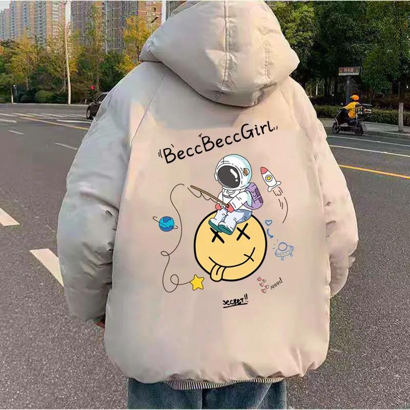 Мужская пуховая куртка с капюшоном, короткая зимняя толстая теплая хлопковая куртка, мужской повседневный топ с принтом космонавта, универсальные пальто на молнии, куртка-хлеб