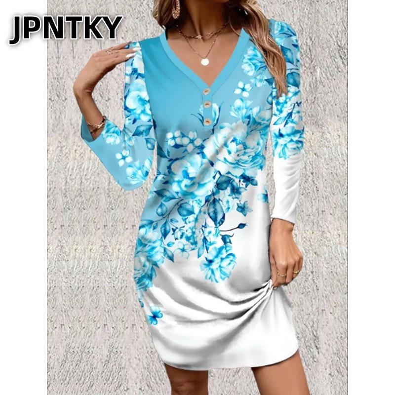 JPNTKY Модные Осенние Зимние Платья Повседневные с Длинным Рукавом и V-образным Вырезом