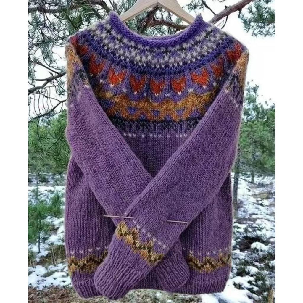 Свитер, Женский, Круглый вырез, Цветной блок, Свободный крой, Пуловер, Вязаный свитер, Теплый, Повседневный топ