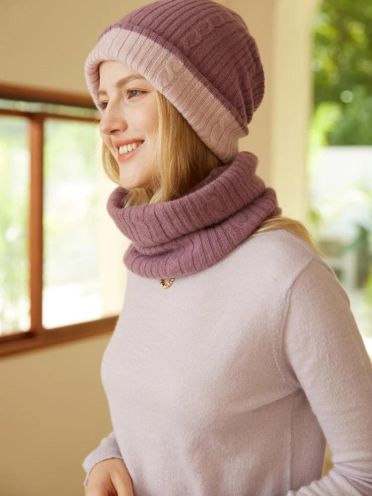 Women 100% Cashmere Tube Scarf Cable Knit Neck Warmer Ring Double Faced Thick Cap Reversible Knitted Beanies Winter 2-Pcs Set