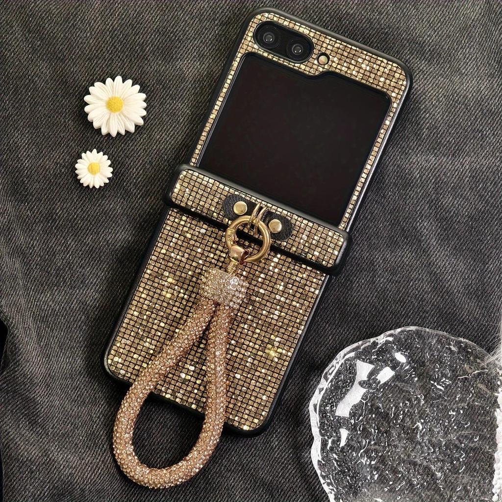 Защитный чехол-шнурок со стразами для Samsung Z Flip7 с полным покрытием и интегрированным шарниром