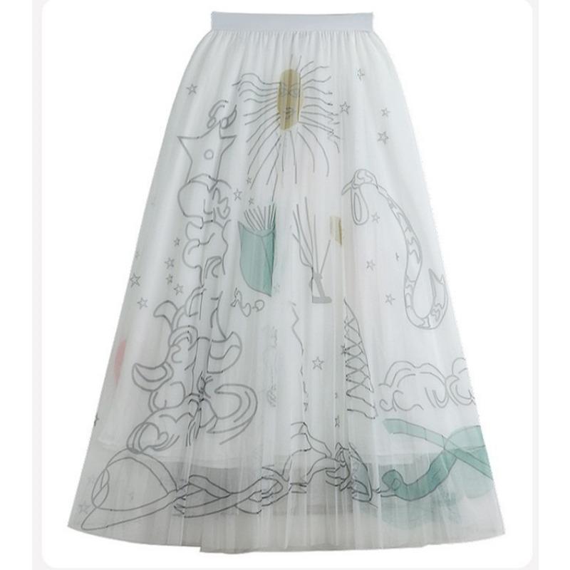 DX~~ Новая плиссированная сетчатая юбка с принтом граффити, женская весенняя новая тонкая газовая юбка миди с высокой талией