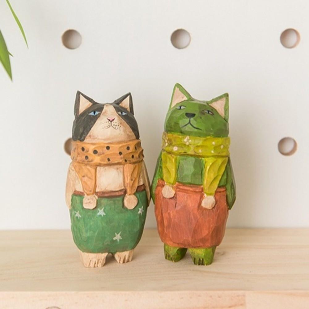 Handmade Wood Carving Cat Ornament Cartoon Cat Figurines Painted Cat Sculpture  Home Decoration