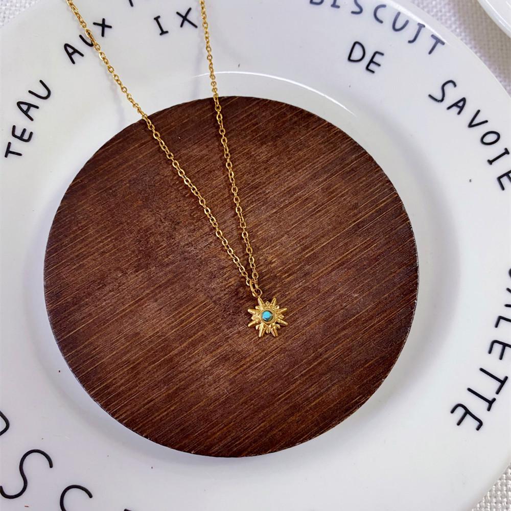 Titanium Steel Blue Turquoise Star Pendant Necklace - Retro Style, Non-Fading, European & American Design