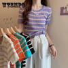 Summer New Arrival Short Sleeve O-neck Patchwork Sweater Women Fresh Cute Loose Knitted Pullover Modis Tops